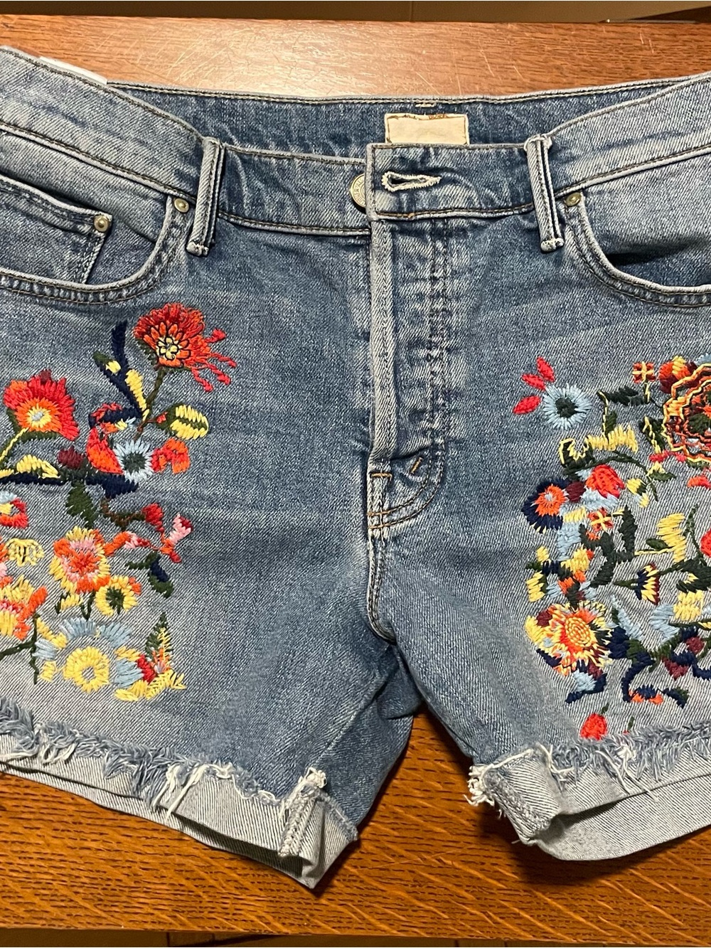 Mother Woman's Loose Fray Embroider High-Rise Jean Shorts Sz 28